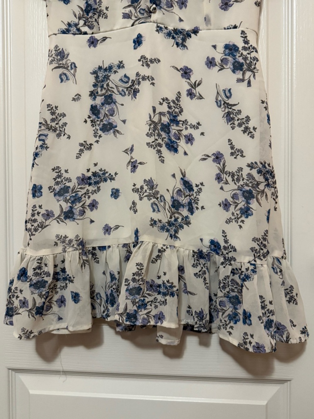 Altar'd State Cream Dress with Blue Floral Print and Ruffle Hem - Picture 6 of 7
